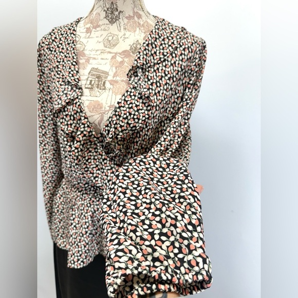 MAX STUDIO Black pink white floral print surplice tie waist top size L - Picture 4 of 13